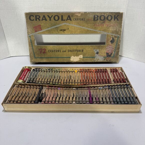 CRAYOLA CRAYONS 1958 BOX OF 72 SHARPENER MANY RARE RETIRED COLORS - Picture 1 of 16
